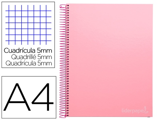 [9749] Cuaderno espiral liderpapel a4 micro jolly tapa forrada 140h 75 gr cuadro 5mm 5 bandas 4 taladros color rosa
