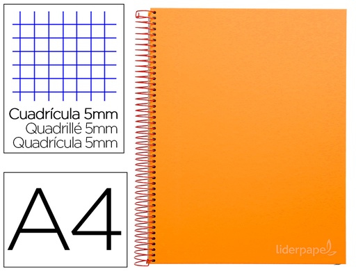 [9748] Cuaderno espiral liderpapel a4 micro jolly tapa forrada 140h 75 gr cuadro 5mm 5 bandas4 taladros color naranja