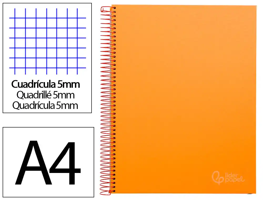[9748] Cuaderno espiral liderpapel a4 micro jolly tapa forrada 140h 75gr cuadro 5mm 5 bandas 4 taladros color naranja