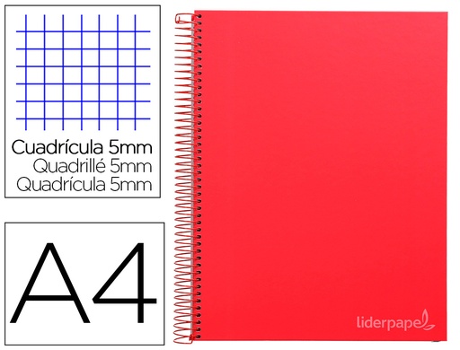 [9747] Cuaderno espiral liderpapel a4 micro jolly tapa forrada 140h 75 gr cuadro 5mm 5 bandas 4 taladros color rojo