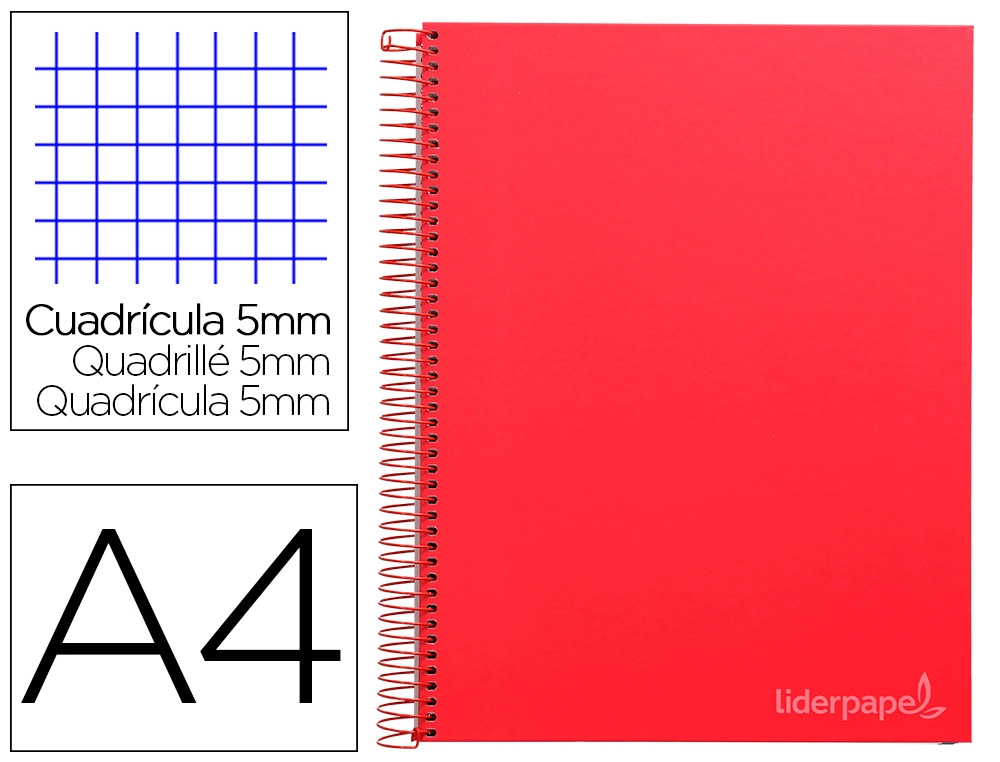 [9747] Cuaderno espiral liderpapel a4 micro jolly tapa forrada 140h 75gr cuadro 5mm 5 bandas 4 taladros color rojo