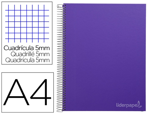[9731] Cuaderno espiral liderpapel a4 micro jolly tapa forrada 140h 75 gr cuadro 5mm 5 bandas 4 taladros color lila
