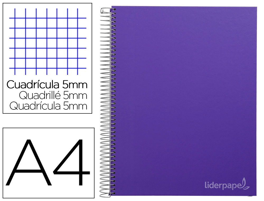 [9731] Cuaderno espiral liderpapel a4 micro jolly tapa forrada 140h 75gr cuadro 5mm 5 bandas 4 taladros color lila