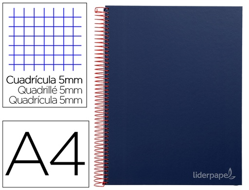 [9651] Cuaderno espiral liderpapel a4 micro jolly tapa forrada 140h 75 gr cuadro 5mm 5 bandas 4 taladros color azul