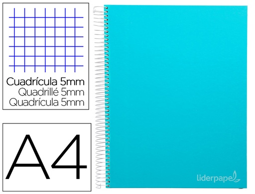 [9650] Cuaderno espiral liderpapel a4 micro jolly tapa forrada 140h 75 gr cuadro 5mm 5 bandas4 taladros color celeste