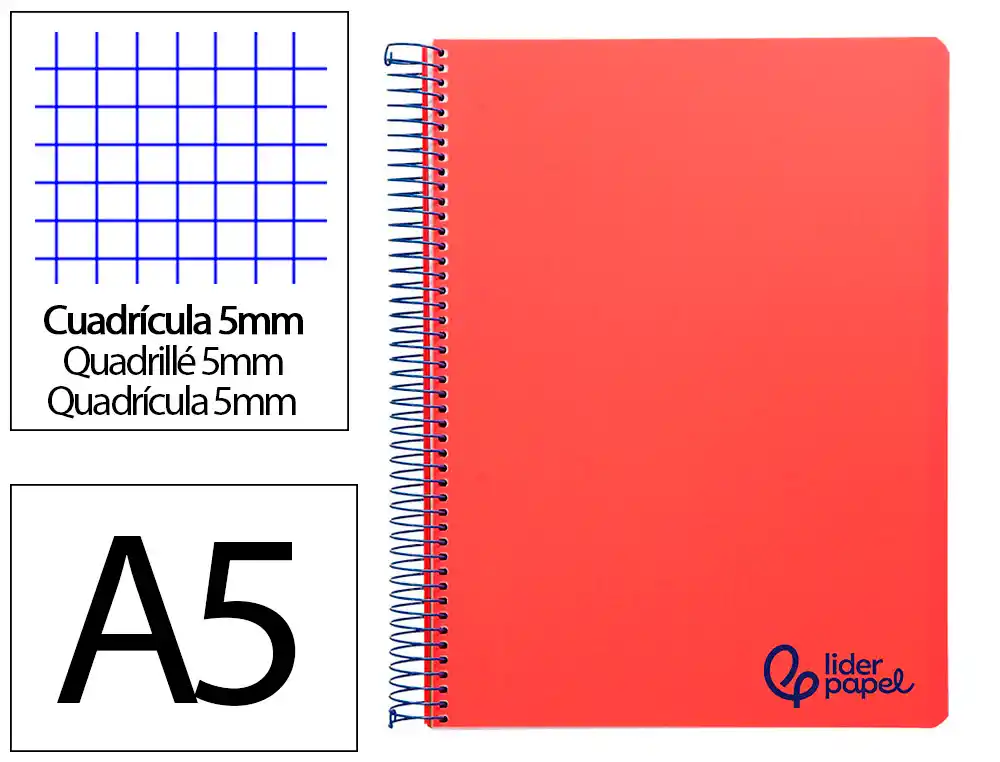 [9241] Cuaderno espiral liderpapel a5 micro wonder tapa plastico 120h 90gr cuadro 5mm 5 bandas 6 taladros color rojo