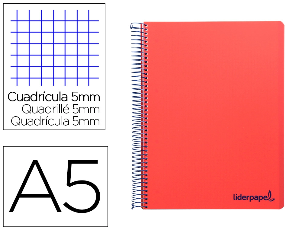 [9241] Cuaderno espiral liderpapel a5 micro wonder tapa plastico 120h 90gr cuadro 5mm 5 bandas 6 taladros color rojo