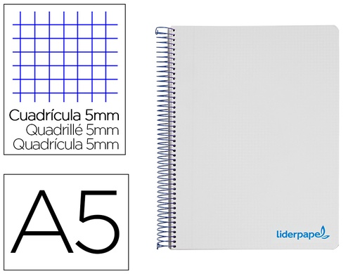 [9240] Cuaderno espiral liderpapel a5 micro wonder tapa plastico 120h 90g cuadro 5mm 5 bandas 6 taladros color gris