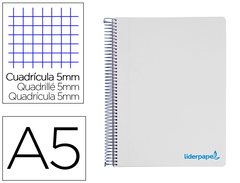 [9240] Cuaderno espiral liderpapel a5 micro wonder tapa plastico 120h 90gr cuadro 5mm 5 bandas 6 taladros color gris