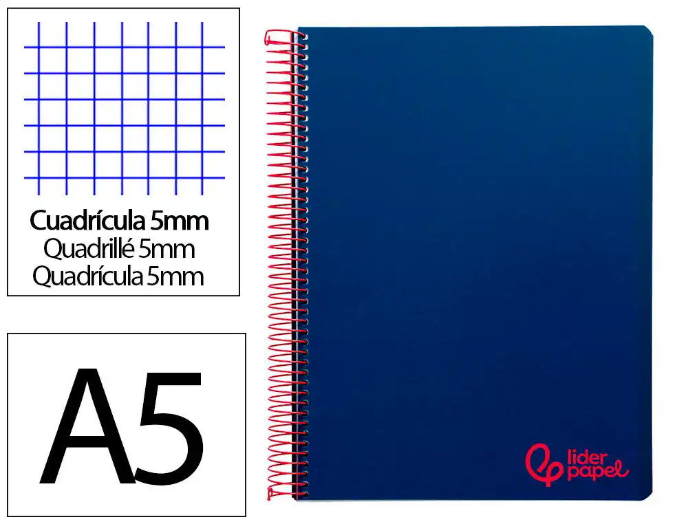 [9239] Cuaderno espiral liderpapel a5 micro wonder tapa plastico 120h 90gr cuadro 5mm 5 bandas 6 taladros color azul marino