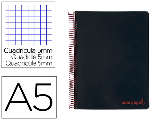 [9238] Cuaderno espiral liderpapel a5 micro wonder tapa plastico 120h 90g cuadro 5mm 5 bandas 6 taladros color negro