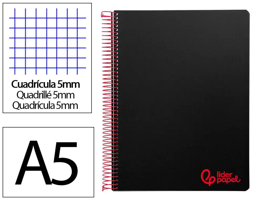 [9238] Cuaderno espiral liderpapel a5 micro wonder tapa plastico 120h 90gr cuadro 5mm 5 bandas 6 taladros color negro