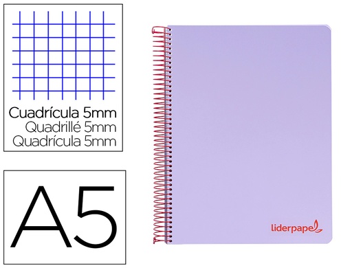 [9237] Cuaderno espiral liderpapel a5 micro wonder tapa plastico 120h 90g cuadro 5mm 5 bandas 6 taladros color violeta
