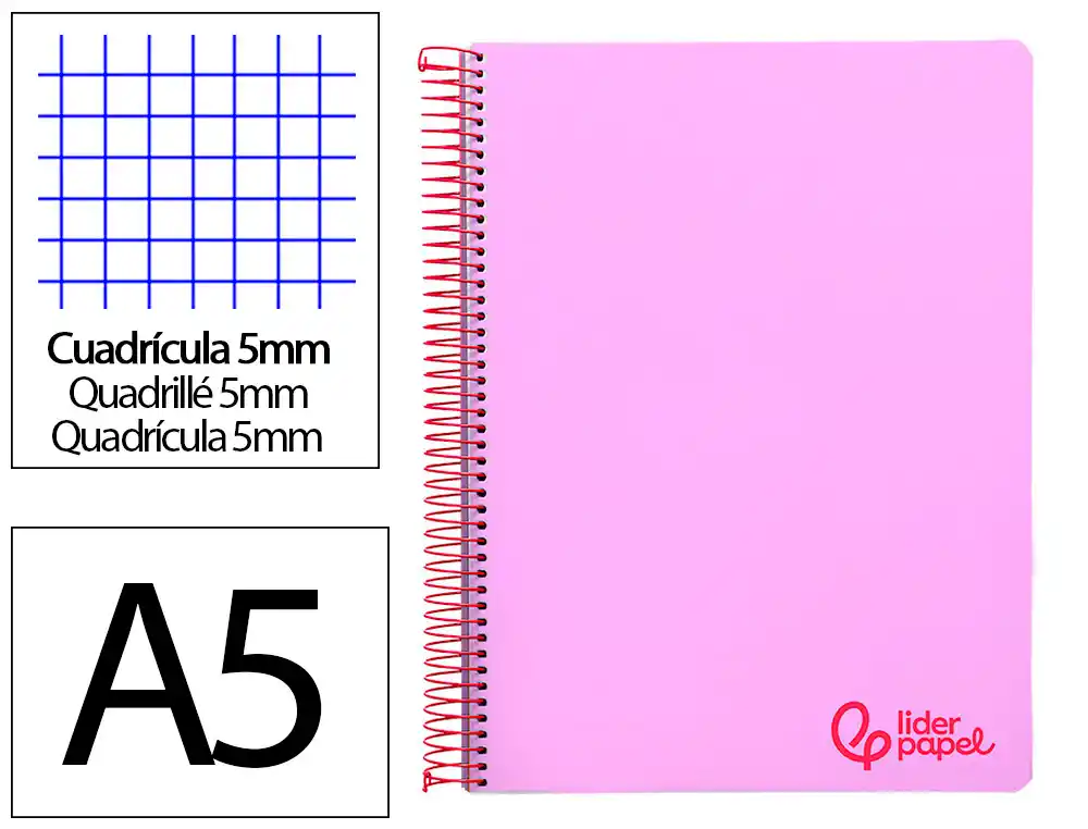 [9237] Cuaderno espiral liderpapel a5 micro wonder tapa plastico 120h 90gr cuadro 5mm 5 bandas 6 taladros color violeta