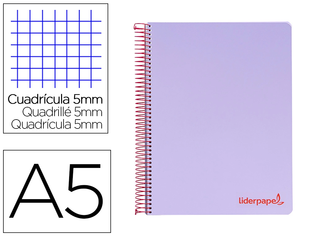 [9237] Cuaderno espiral liderpapel a5 micro wonder tapa plastico 120h 90gr cuadro 5mm 5 bandas 6 taladros color violeta