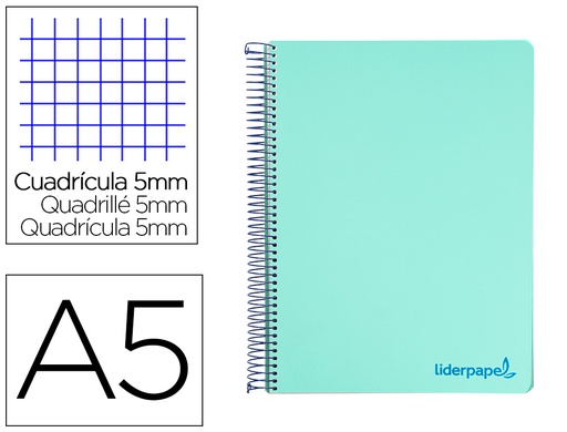 [9236] Cuaderno espiral liderpapel a5 micro wonder tapa plastico 120h 90g cuadro 5mm 5 bandas 6 taladro color verde turquesa