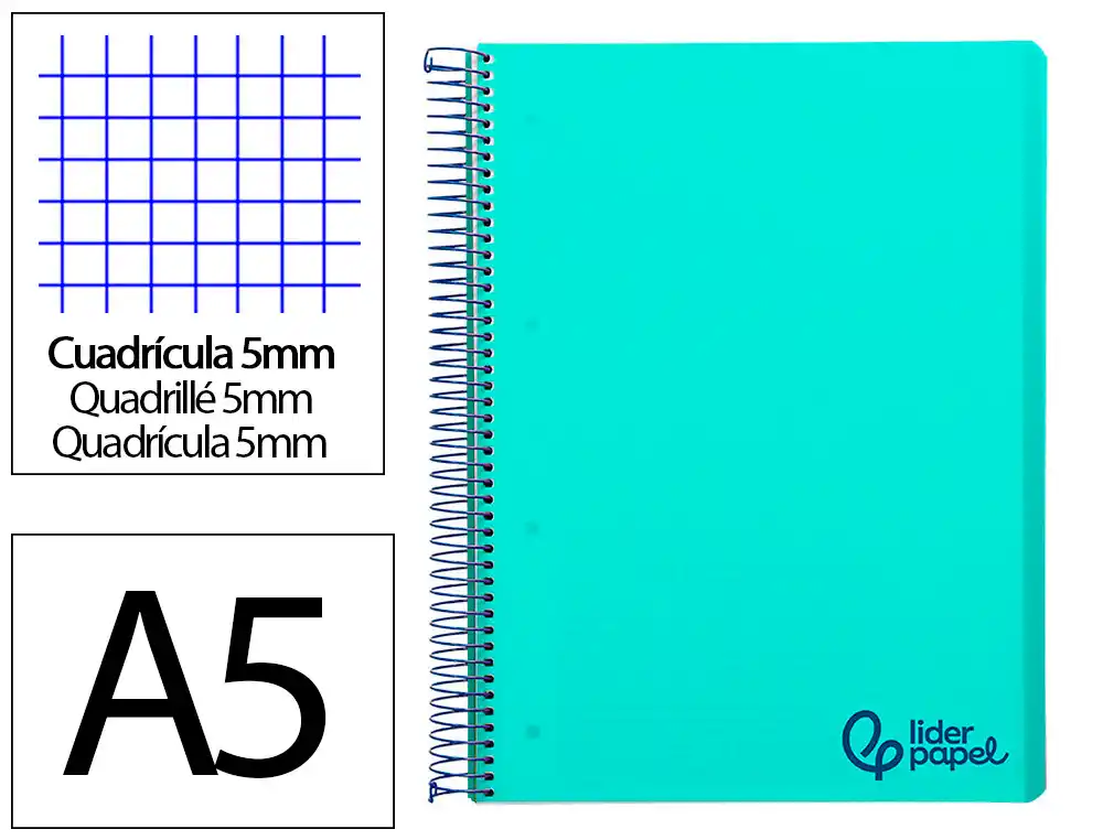 [9236] Cuaderno espiral liderpapel a5 micro wonder tapa plastico 120h 90gr cuadro 5mm 5 bandas 6 taladro color verde turquesa