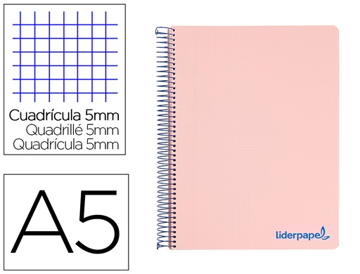 [9235] Cuaderno espiral liderpapel a5 micro wonder tapa plastico 120h 90g cuadro 5mm 5 bandas 6 taladros color rosa