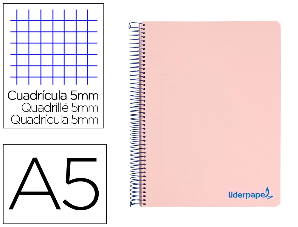 [9235] Cuaderno espiral liderpapel a5 micro wonder tapa plastico 120h 90gr cuadro 5mm 5 bandas 6 taladros color rosa
