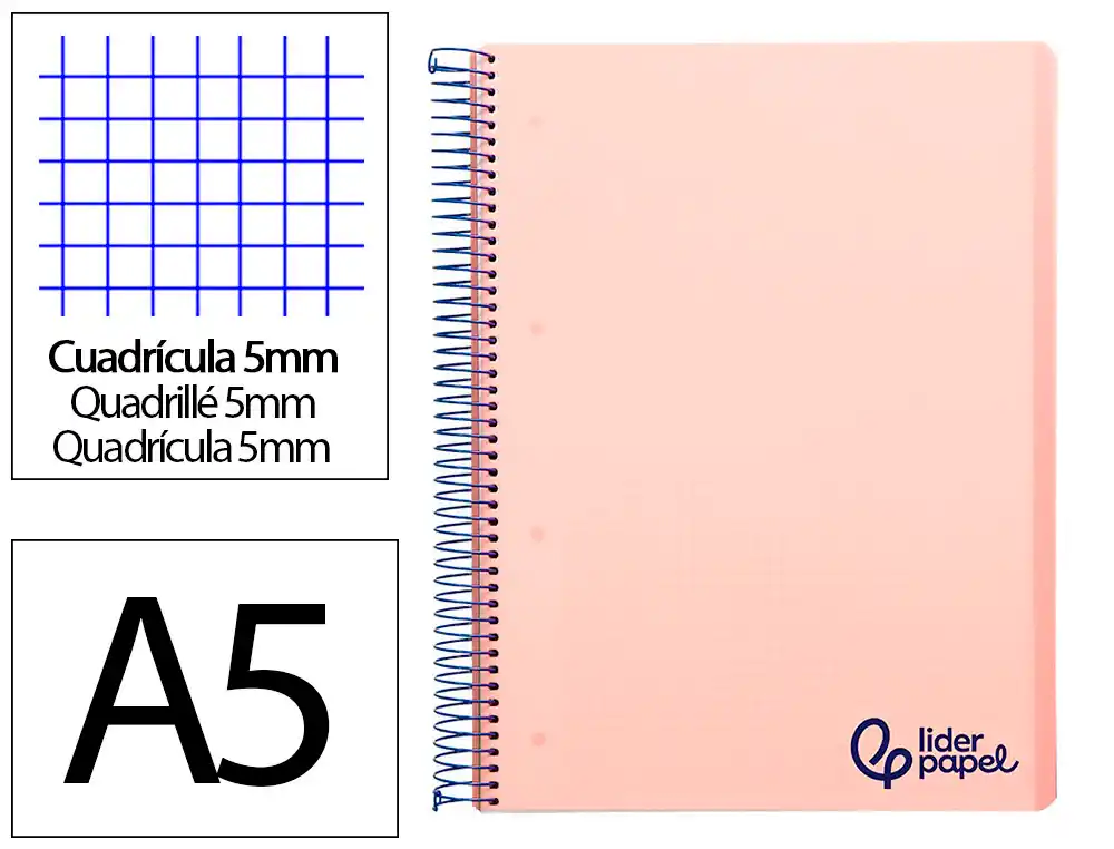 [9235] Cuaderno espiral liderpapel a5 micro wonder tapa plastico 120h 90gr cuadro 5mm 5 bandas 6 taladros color rosa