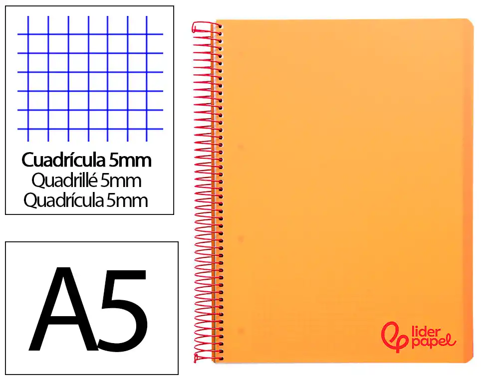 [9234] Cuaderno espiral liderpapel a5 micro wonder tapa plastico 120h 90gr cuadro 5mm 5 bandas 6 taladros color naranja