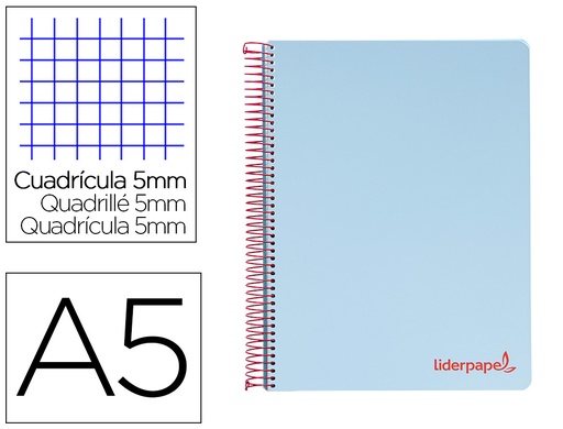[9233] Cuaderno espiral liderpapel a5 micro wonder tapa plastico 120h 90g cuadro 5mm 5 bandas 6 taladros color celeste