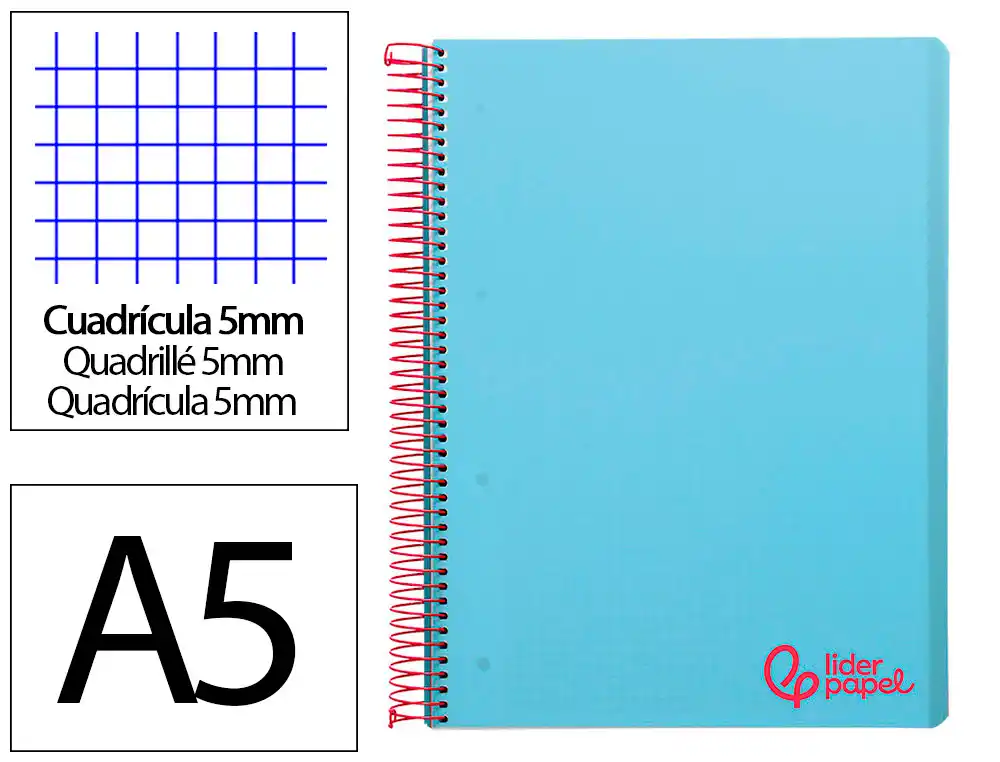 [9233] Cuaderno espiral liderpapel a5 micro wonder tapa plastico 120h 90gr cuadro 5mm 5 bandas 6 taladros color celeste