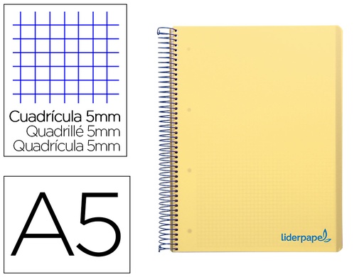 [9232] Cuaderno espiral liderpapel a5 micro wonder tapa plastico 120h 90g cuadro 5mm 5 bandas 6 taladros color amarillo