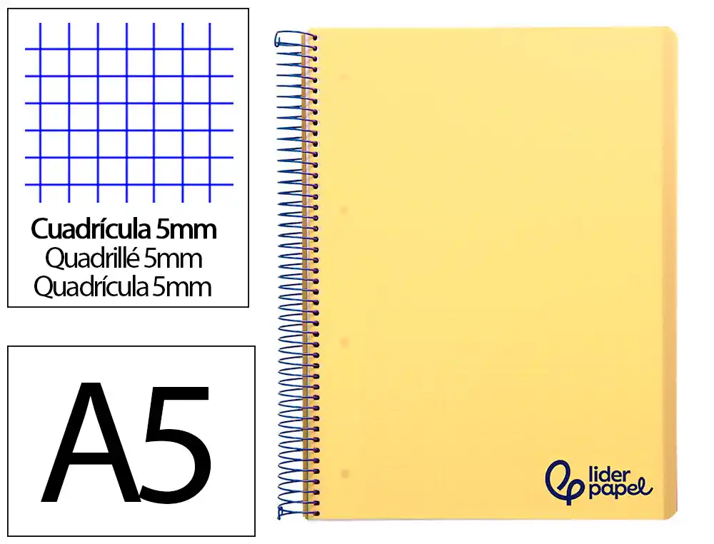 [9232] Cuaderno espiral liderpapel a5 micro wonder tapa plastico 120h 90gr cuadro 5mm 5 bandas 6 taladros color amarillo