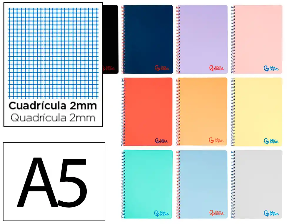 [9230] Cuaderno espiral liderpapel a5 wonder tapa plastico 80h 90g milimetrado 2mm colores surtidos