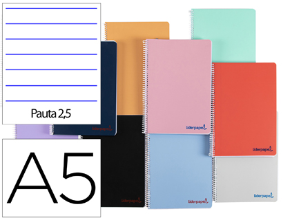[9229] Cuaderno espiral liderpapel a5 wonder tapa plastico 80h 90g pauta estrecha 2,5mm con margen colores surtidos