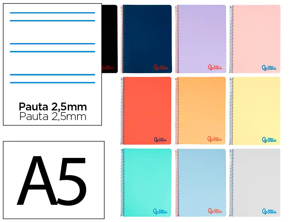[9229] Cuaderno espiral liderpapel a5 wonder tapa plastico 80h 90gr pauta estrecha 2,5mm con margen colores surtidos