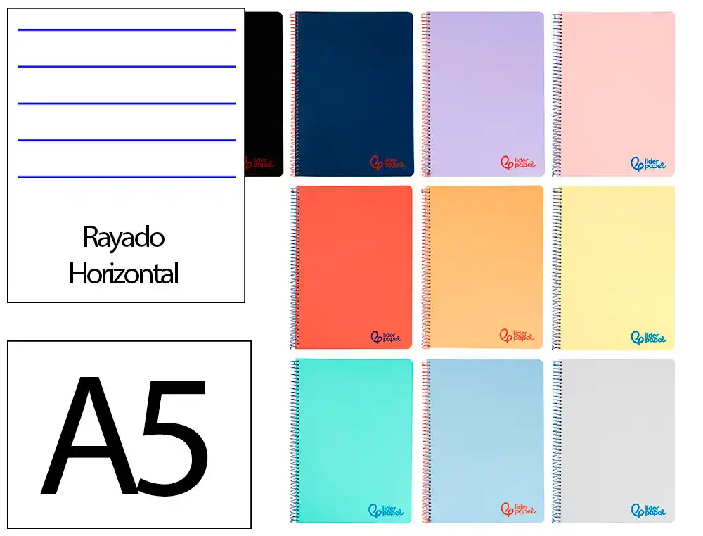 [9228] Cuaderno espiral liderpapel a5 wonder tapa plastico 80h 90gr rayado horizontal con margen colores surtidos