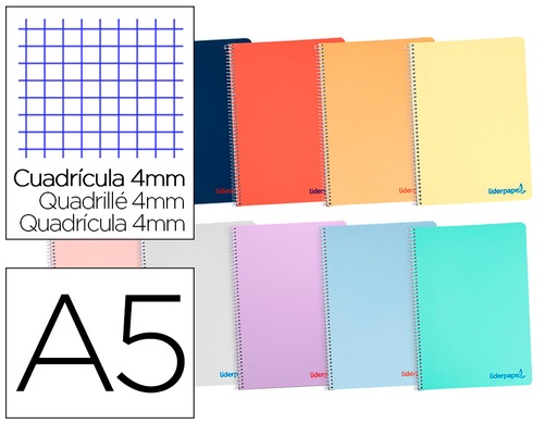 [9227] Cuaderno espiral liderpapel a5 wonder tapa plastico 80h 90g cuadro 4mm con margen colores surtidos