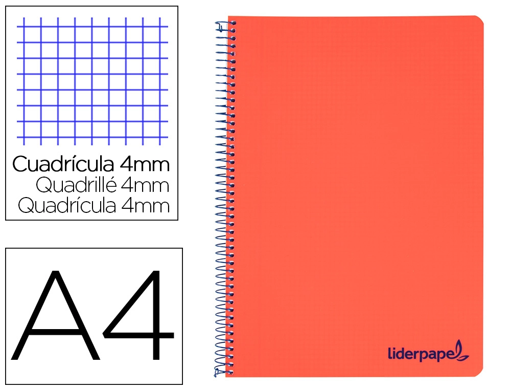 [9226] Cuaderno espiral liderpapel a4 wonder tapa plastico 80h 90gr cuadro 4mm con margen color rojo