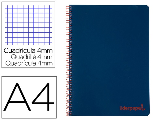 [9173] Cuaderno espiral liderpapel a4 wonder tapa plastico 80h 90gr cuadro 4mm con margen color azul marino
