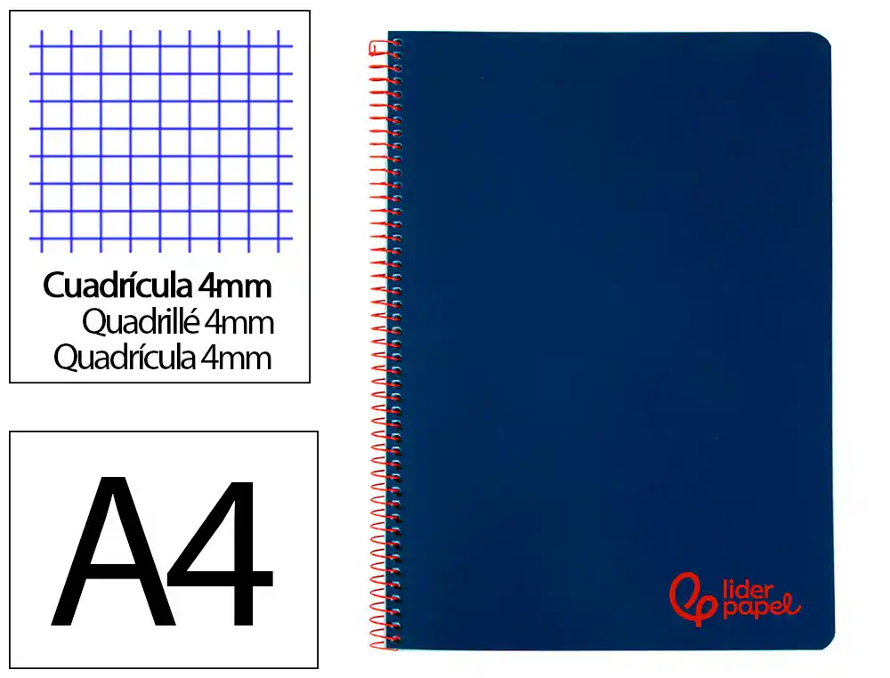 [9173] Cuaderno espiral liderpapel a4 wonder tapa plastico 80h 90gr cuadro 4mm con margen color azul marino