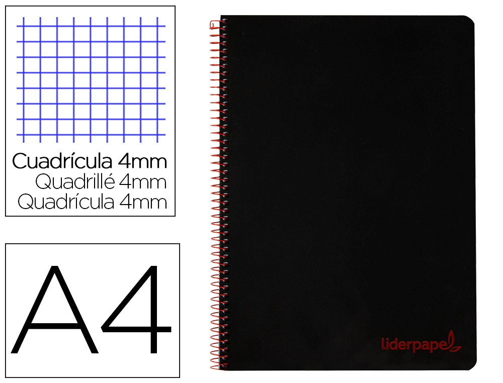 [9172] Cuaderno espiral liderpapel a4 wonder tapa plastico 80h 90gr cuadro 4mm con margen color negro