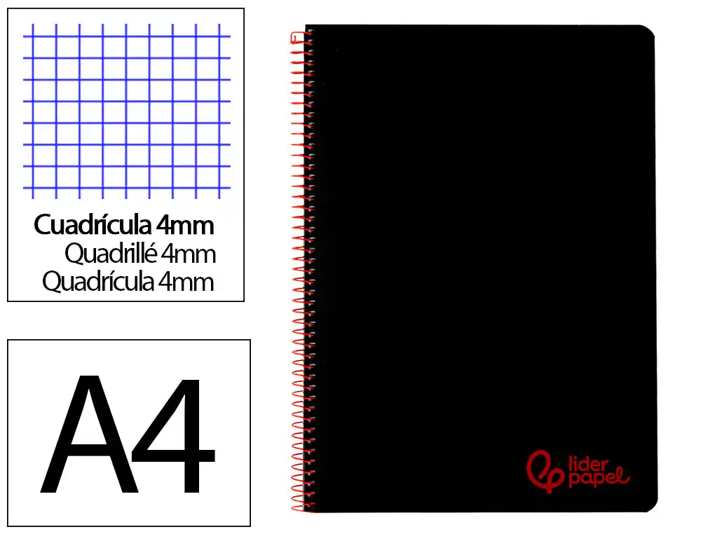 [9172] Cuaderno espiral liderpapel a4 wonder tapa plastico 80h 90gr cuadro 4mm con margen color negro