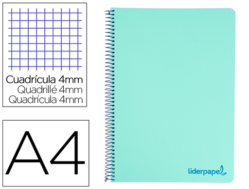 [9132] Cuaderno espiral liderpapel a4 wonder tapa plastico 80h 90gr cuadro 4mm con margen color verde pastel