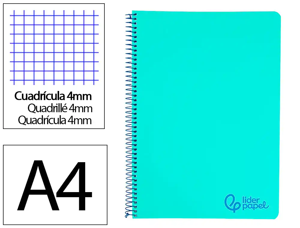 [9132] Cuaderno espiral liderpapel a4 wonder tapa plastico 80h 90gr cuadro 4mm con margen color verde pastel