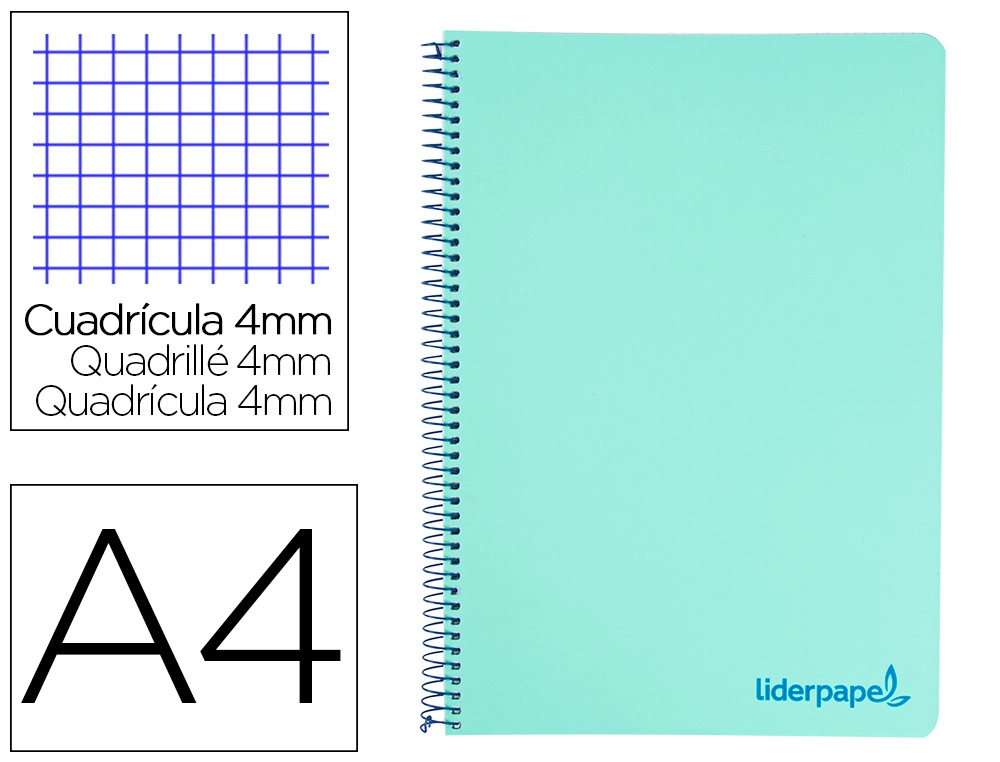 [9132] Cuaderno espiral liderpapel a4 wonder tapa plastico 80h 90gr cuadro 4mm con margen color verde pastel