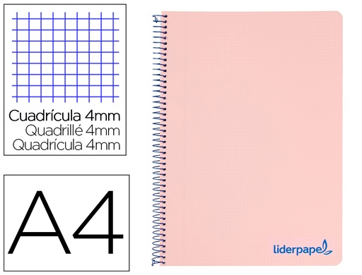 [8970] Cuaderno espiral liderpapel a4 wonder tapa plastico 80h 90gr cuadro 4mm con margen color rosa