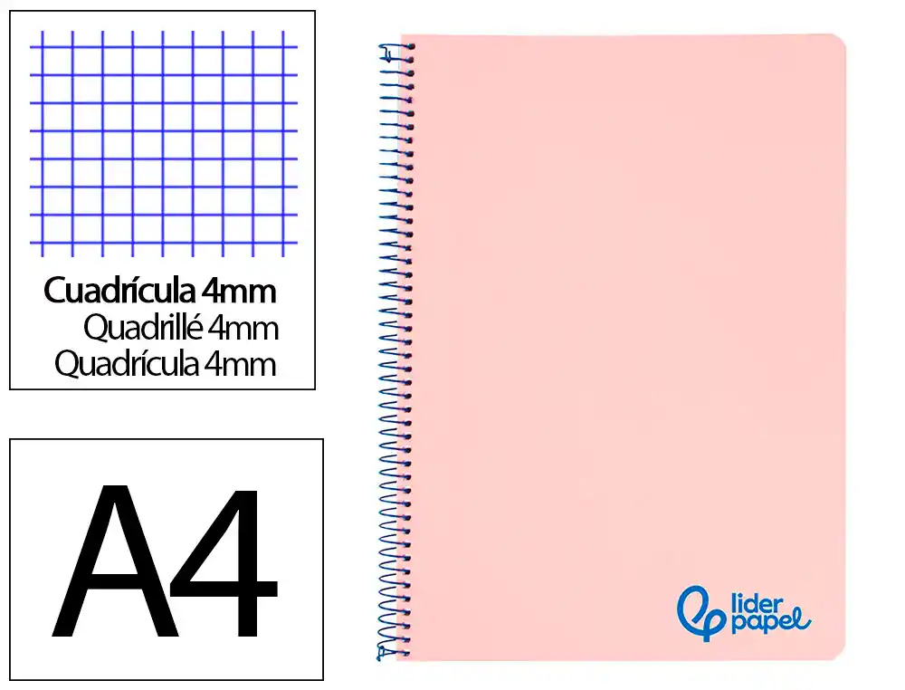 [8970] Cuaderno espiral liderpapel a4 wonder tapa plastico 80h 90gr cuadro 4mm con margen color rosa