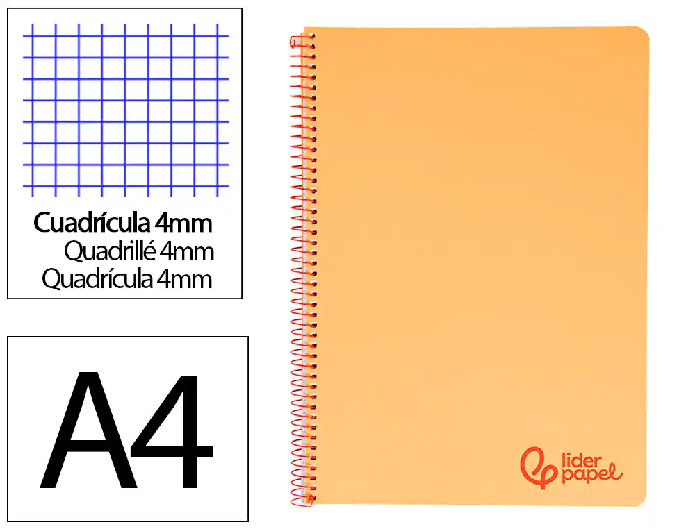 [8969] Cuaderno espiral liderpapel a4 wonder tapa plastico 80h 90gr cuadro 4mm con margen color naranja