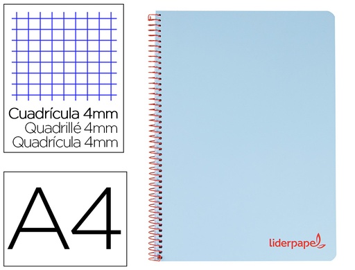 [8948] Cuaderno espiral liderpapel a4 wonder tapa plastico 80h 90gr cuadro 4mm con margen color azul