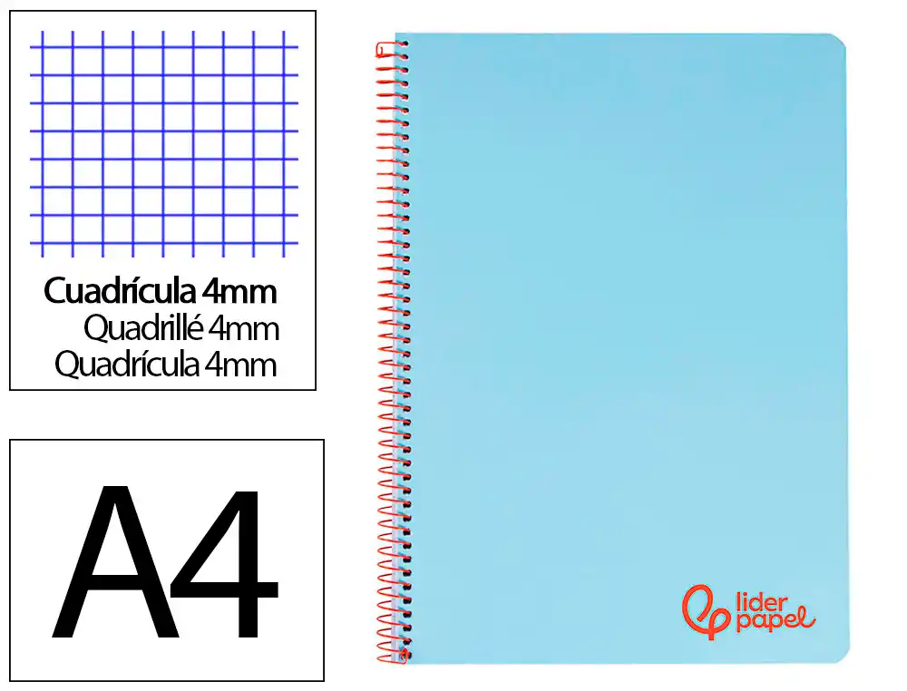 [8948] Cuaderno espiral liderpapel a4 wonder tapa plastico 80h 90gr cuadro 4mm con margen color azul