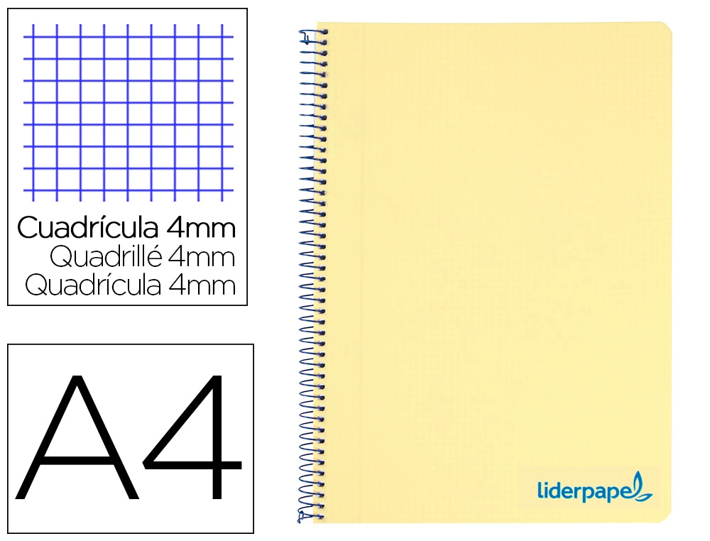[8947] Cuaderno espiral liderpapel a4 wonder tapa plastico 80h 90gr cuadro 4mm con margen color amarillo