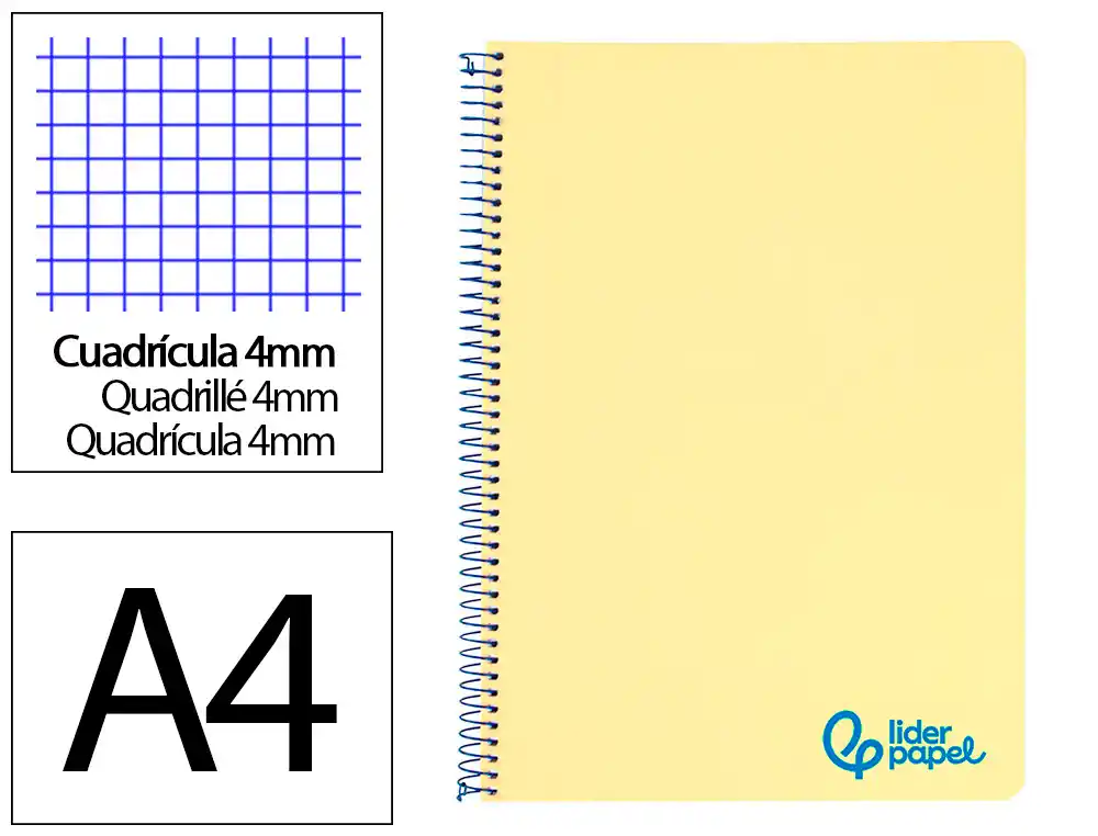 [8947] Cuaderno espiral liderpapel a4 wonder tapa plastico 80h 90gr cuadro 4mm con margen color amarillo