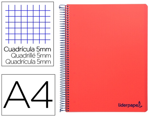 [8946] Cuaderno espiral liderpapel a4 micro wonder tapa plastico 120h 90 gr cuadro 5mm 5 bandas 4 taladros color rojo